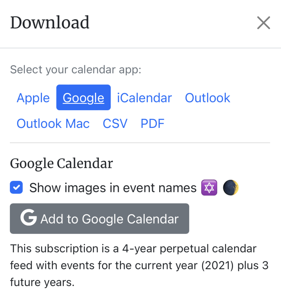 Download Google Calendar Hebcal