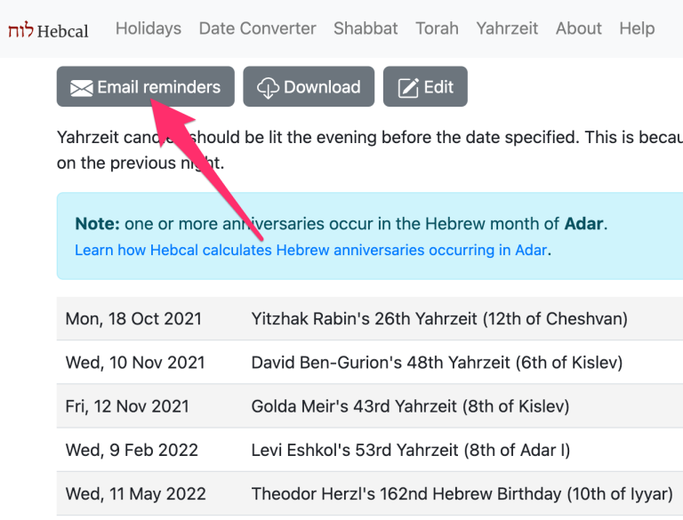 Yahrzeit + Anniversary calendar annual email reminders Hebcal